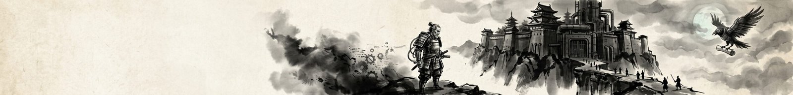A panoramic sumi-e ink wash style illustration depicts a samurai standing before a sprawling, mountaintop castle complex with industrial piping, while a mechanical crow carrying a scroll flies toward the structure through a cloudy night sky.