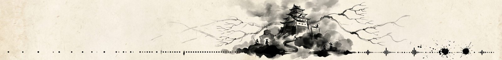 A horizontal banner in traditional Japanese ink wash style depicts a multi-tiered pagoda on a hill flanked by bare trees and distant mountain outlines, with a black audio waveform extending across the lower portion against a textured beige paper background.
