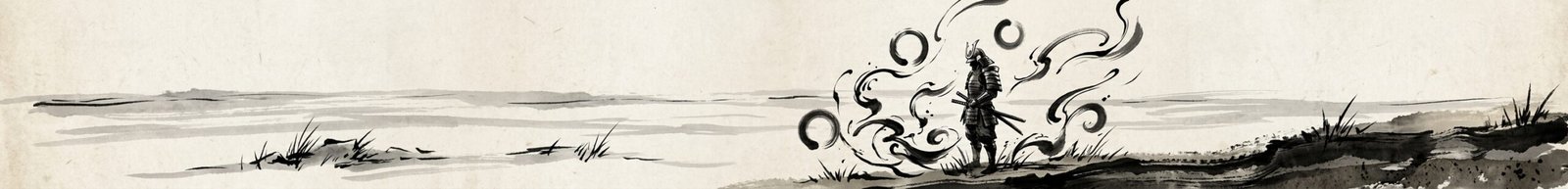 A panoramic black and ink wash painting on textured cream paper depicts a lone samurai standing on a sparse, grassy shore next to swirling abstract brushstrokes and circular zen circles, overlooking a misty horizon.