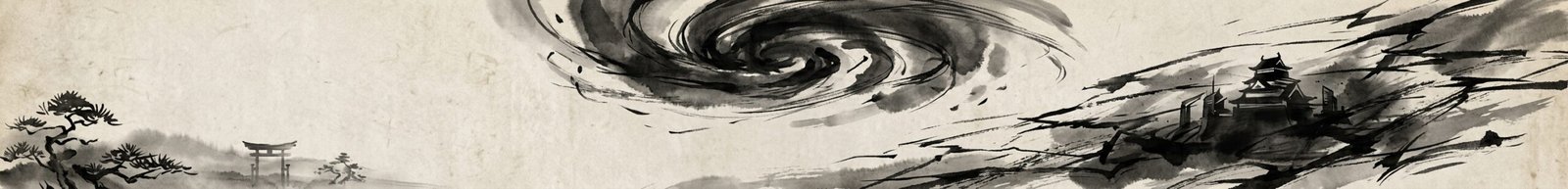 An artistic horizontal Japanese sumi-e style ink wash painting on textured cream paper depicting a tranquil landscape on the left with a traditional torii gate and pine trees transitioning into a dramatic vortex and a Japanese castle surrounded by swirling ink strokes on the right.