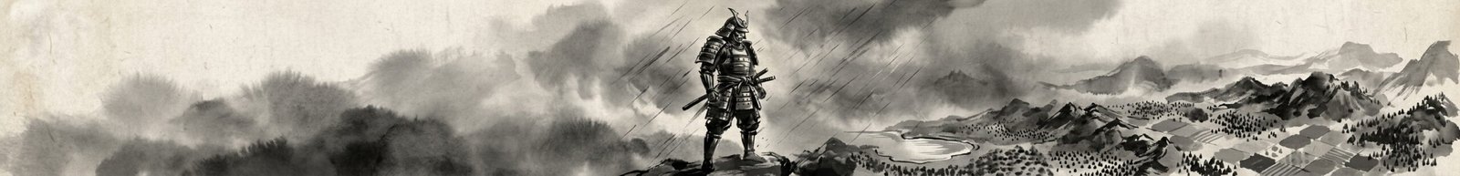A samurai stands on a mountaintop, looking down at a vast valley of forests, mountains, and rivers under a stormy, ink-washed sky.