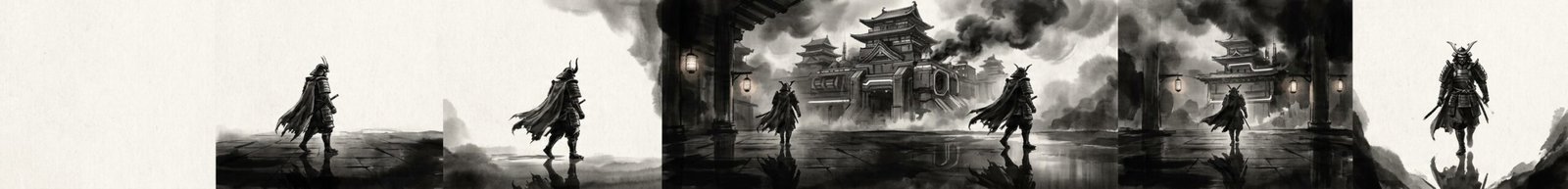 A series of black and white panels depict a lone samurai in armor walking through smoky environments towards futuristic Japanese architecture.
