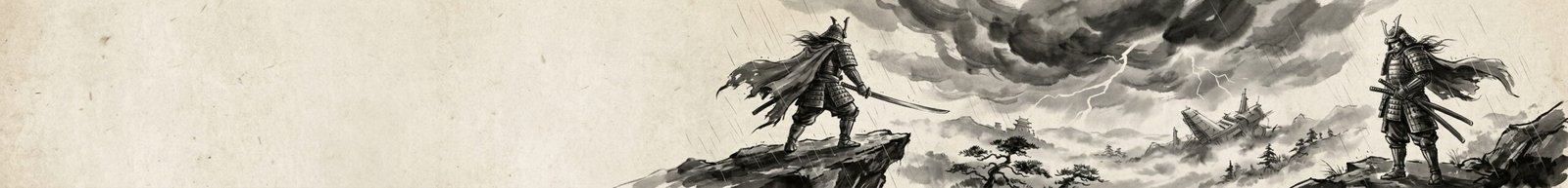 A wide, monochrome sumi-e style ink wash painting depicts two samurai warriors in traditional armor standing on rocky cliffs beneath a turbulent, stormy sky with lightning, while a ruined aircraft lies in the misty valley below.