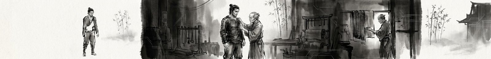 This panoramic black and white illustration portrays a man in traditional Asian attire engaging in daily activities such as tailoring and touching fabric while standing in front of a bamboo forest, with architectural structures in the background.